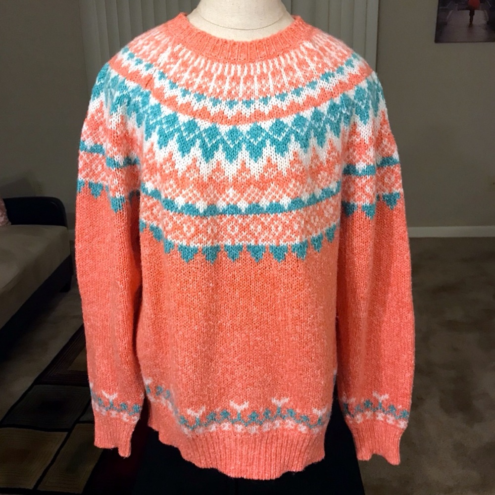 Vintage 1980s Coral & Teal Fair Isle Sweater